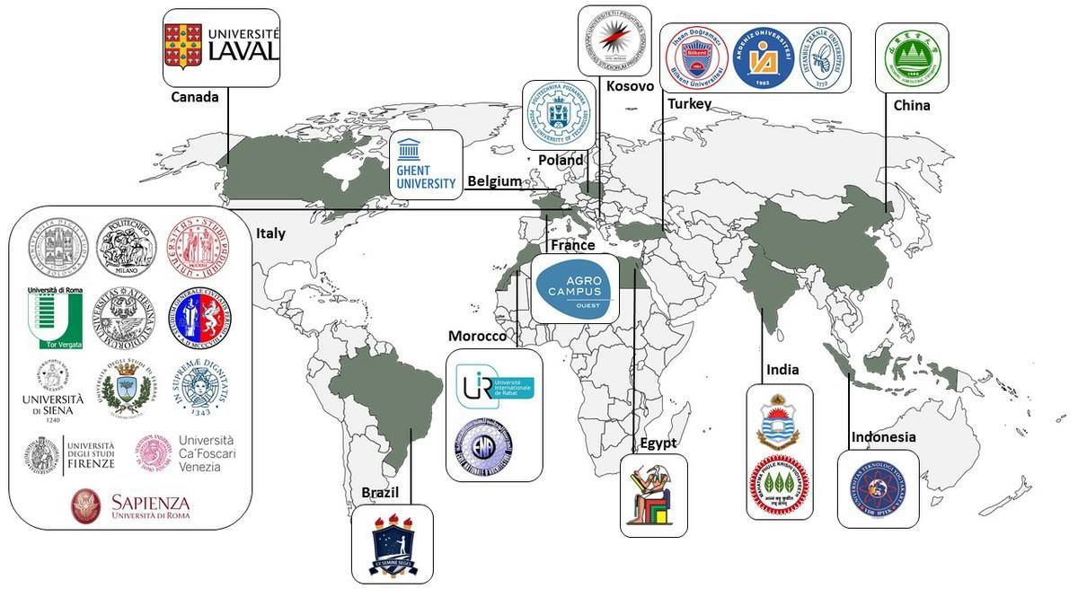 mapa mundi com os brasões das universidades participantes do desafio em cada país