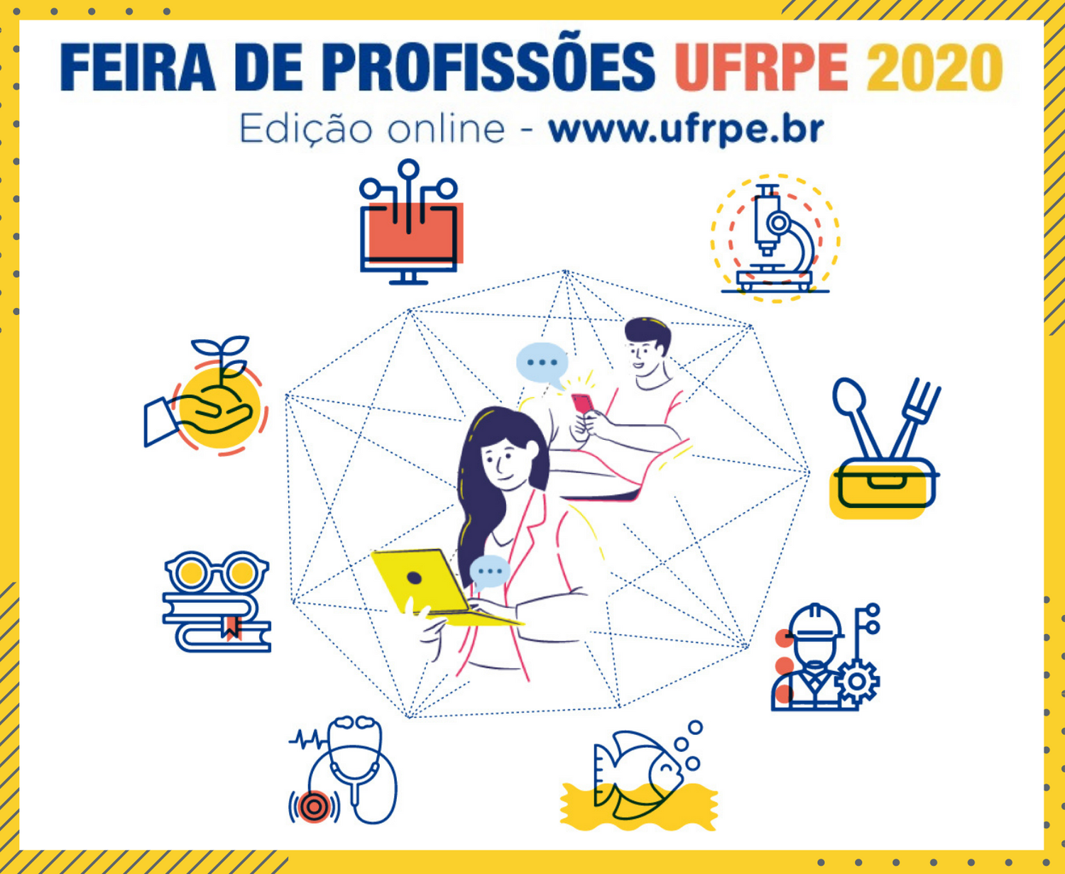 ilustração da feira de profissões com um estudante e uma estudante no notebook pensando em várias áreas a seguir